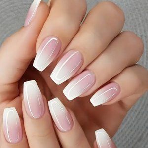 24pcs Glossy Pink and White Gradient Press on Nails - Full Cover Medium Coffin